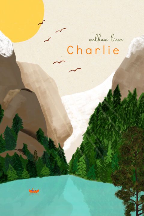 Geboortekaartje met hoge bergen een een blauw meer