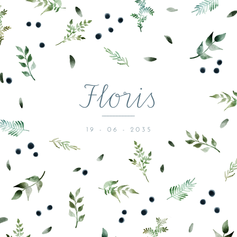 Vierkant geboortekaartje met geschilderde blaadjes en takjes en besjes