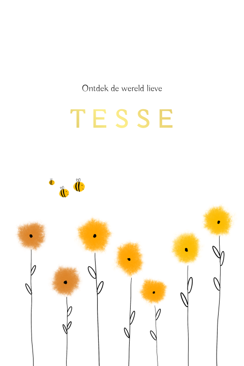 Vrolijk geboortekaartje met bloemetjes en bijtjes