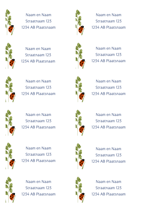 12 adresetiketten met een grasje en een lief lieveheersbeestje