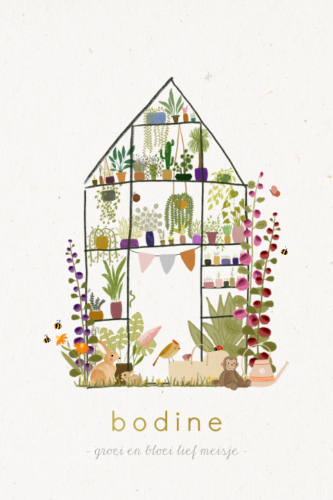Foliekaartje met een kas, planten, bloemen, beestjes en goudfolie