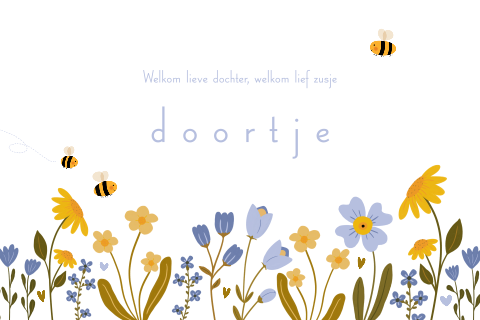 Liggend geboortekaartje met blauwe en gele bloemen, en bijtjes