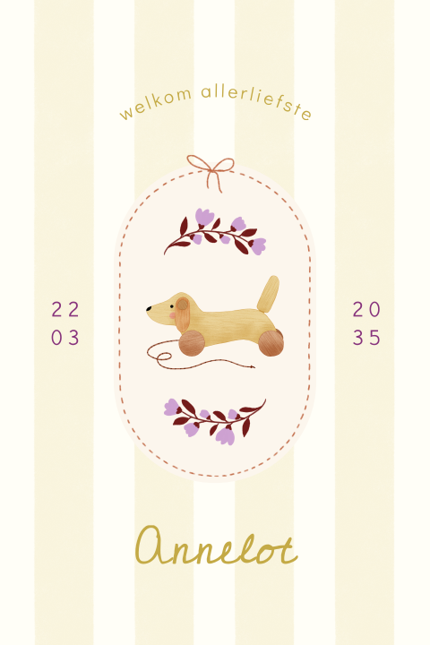 Schattig geboortekaartje met een houten speelgoed hondje en bloemen