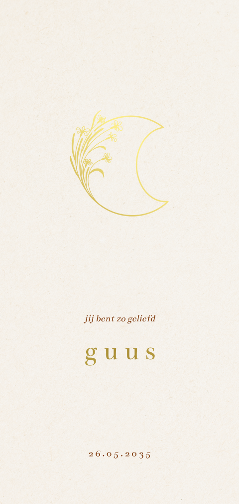 Langwerpig geboortekaartje met goudfolie bloemen-maan