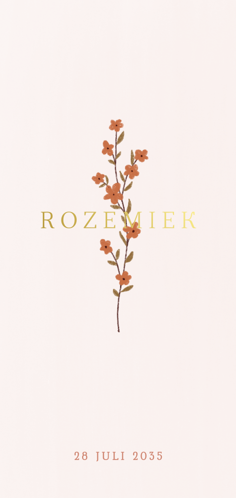 Geboortekaartje met goudfolie en een bloementakje