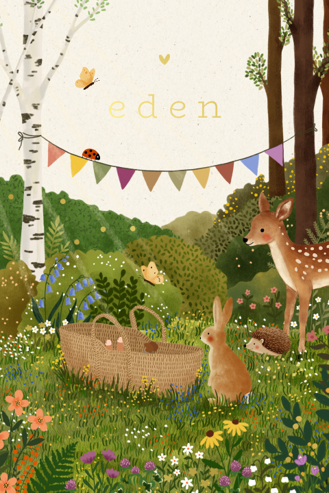 Zonnig bos-geboortekaartje met bosdieren en een baby'tje