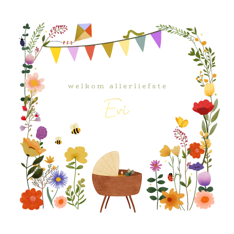 Vierkant kleurrijk geboortekaartje met bloemen, een wiegje en folie