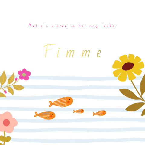 Vrolijk vierkant vissen geboortekaartje met goudfolie en bloemen