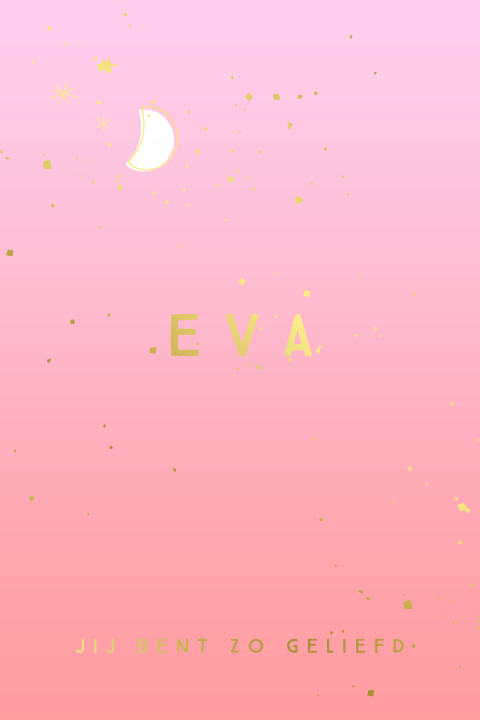 Geboortekaartje met roze achtergrond, maan, sterren en goudfolie