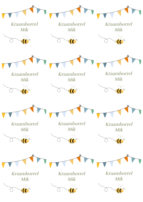 Twaalf kraamborrelkaartjes met een vrolijk bijtje en slingers