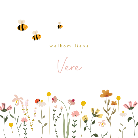 Vierkant geboortekaartje met bloemen, bijtjes en een lieveheersbeestje