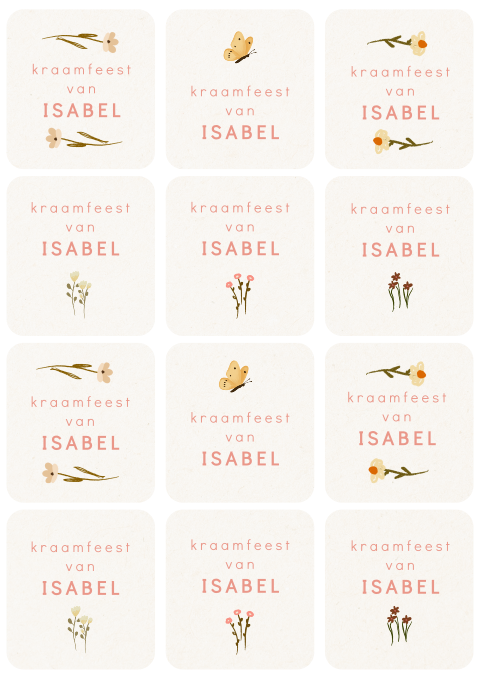Twaalf kraamborrelkaartjes met bloemen en een vlindertje