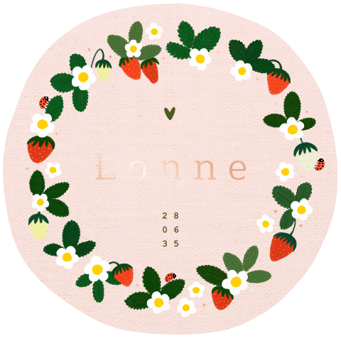 Rond geboortekaartje met linnen-look, aardbeitjes en rosefolie