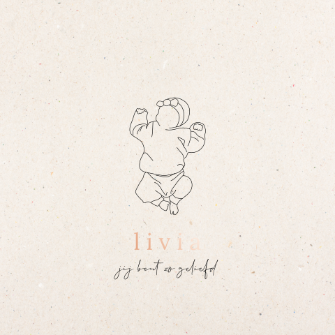 Geboortekaartje met lijntekening van een baby en roséfolie
