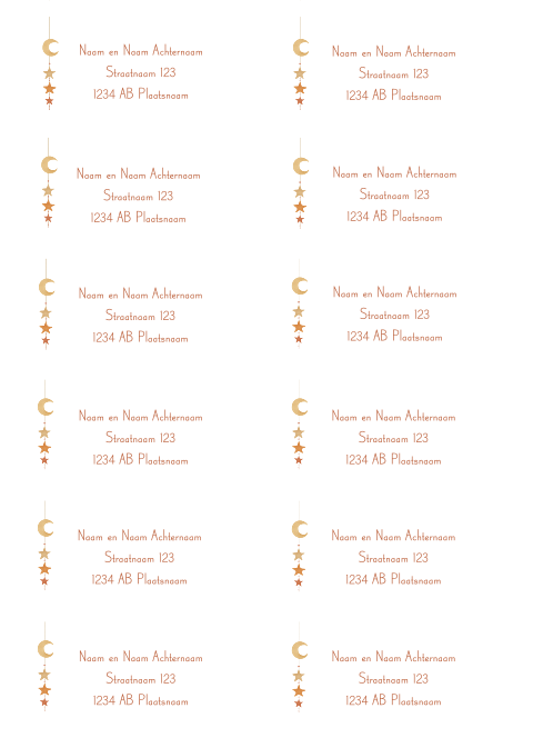 12 adresetiketten met maan en sterrenhanger in warme kleuren