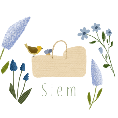 Rond label met blauwe bloemen, een baby en een vogeltje