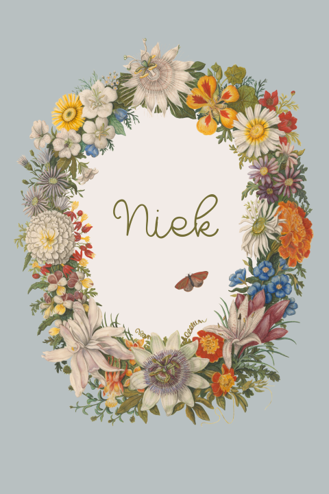 Vrolijk geboortekaartje met bloemenkrans en blauwe achtergrond