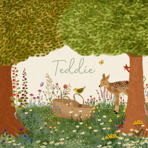 Vierkant neutraal kaartje met bomen, bloemen, dieren en een babytje