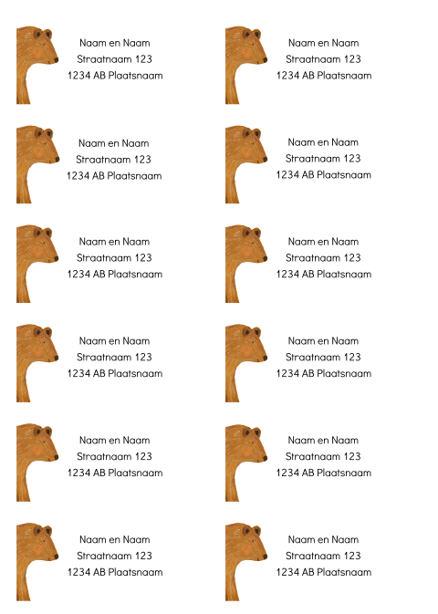 12 adresetiketten met een vriendelijke bruine beer