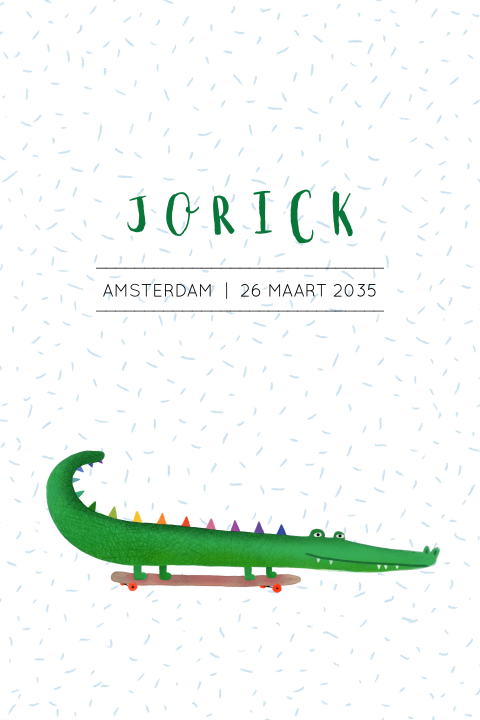 Hip en stoer geboortekaartje met een krokodil op een skateboard