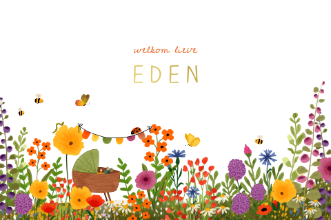 Liggend geboortekaartje met kleurrijke bloemen, een wiegje en slingers
