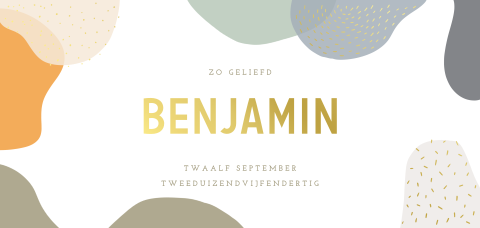 Modern geboortekaartje met kleurvlakken en goudfolie voor een jongen