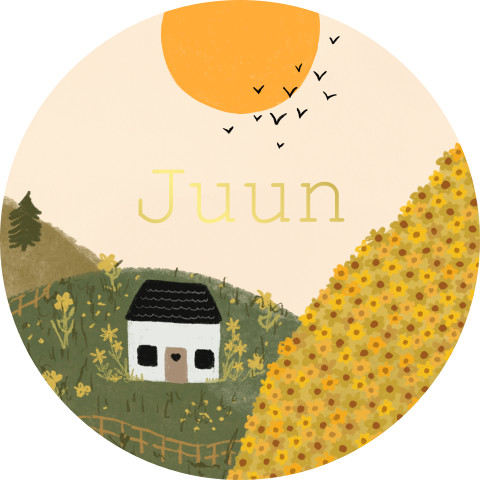 Stickertjes met een landschap, huisje, zon en vogels