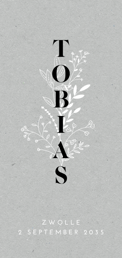 Langwerpig geboortekaartje met een wit boeket