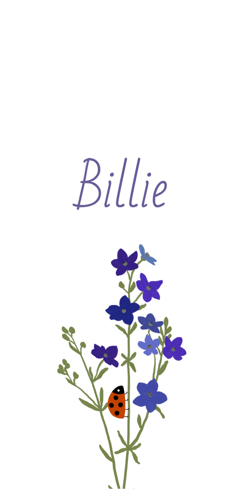 Label met blauw-paarse bloemen en een lieveheersbeestje