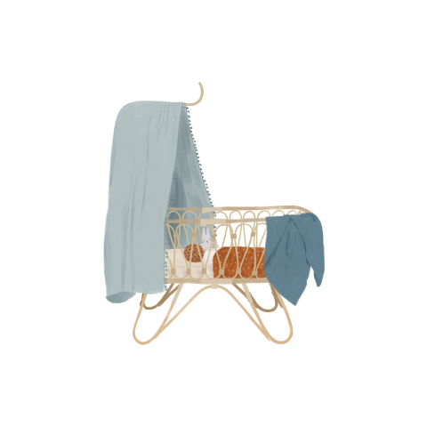Sluitzegel met een rotan wiegje en blauw hemeltje - vel met 25 stickers