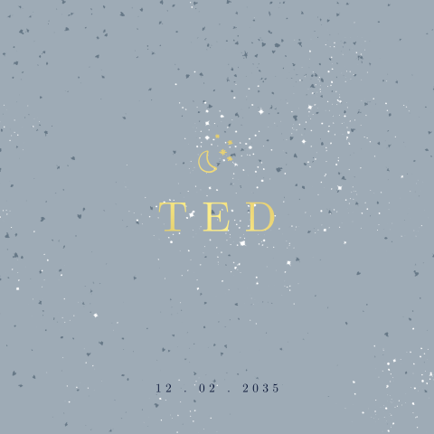 Klassiek geboortekaartje met goudfolie, een maantje en sterren