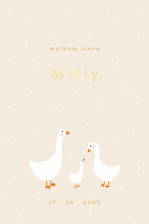 Lief geboortekaartje met goudfolie en een familie gans