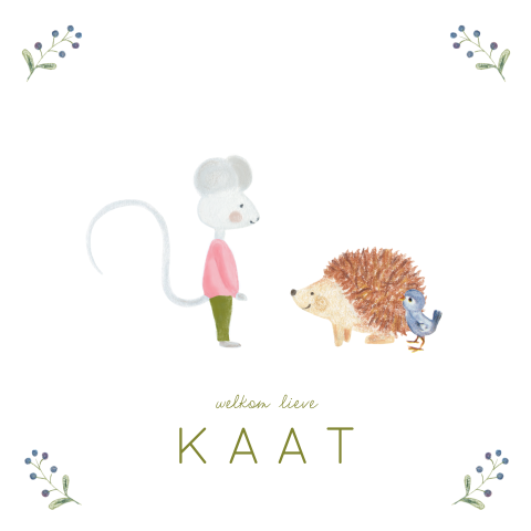Lief geboortekaartje met muis, egel en vogel