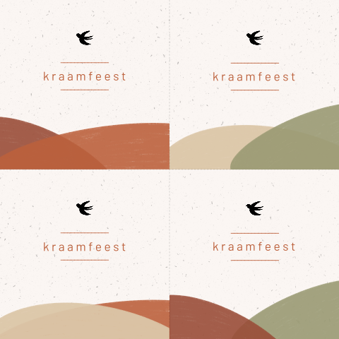 Kraamfeestkaartje met heuvels in verschillende kleuren en een zwaluw