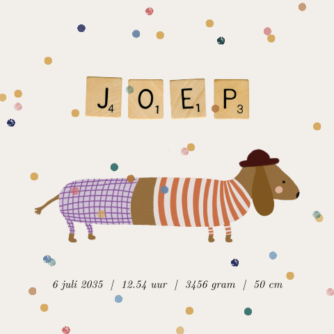 Geboortetegeltje met een vrolijke hond en confetti