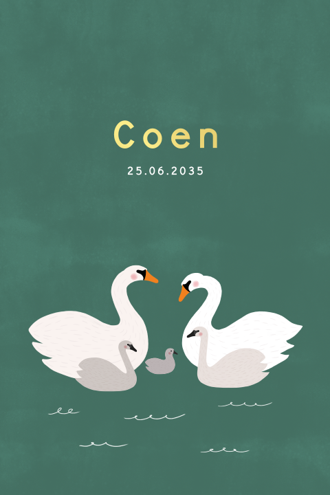 Geboortekaartje met een zwanen familie en goudfolie