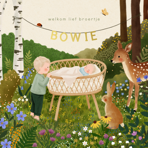 Welkom lief broertje! Bos geboortekaartje met goudfolie