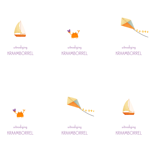 Kraamborrelkaartjes met een vlieger, bootje en krabbetje