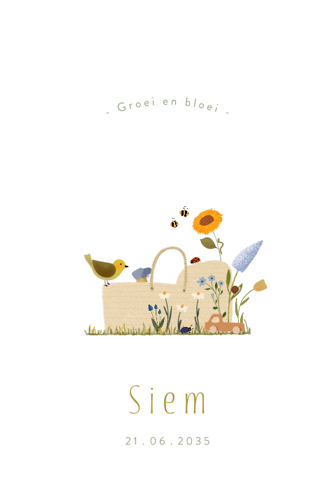 Boog stanskaartje met goudfolie, een reiswiegje, bloemen en beestjes