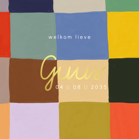 Kleurrijk genderneutraal geboortekaartje met goudfolie