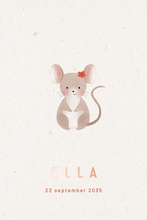 Geboortekaartje met een muisje, roséfolie en ronde hoeken