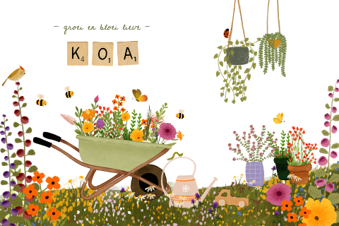 Kleurrijk geboortekaartje met een kruiwagen en bloemen