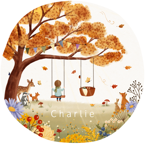 Gestanst rond herfst geboortekaartje met schommels en dieren