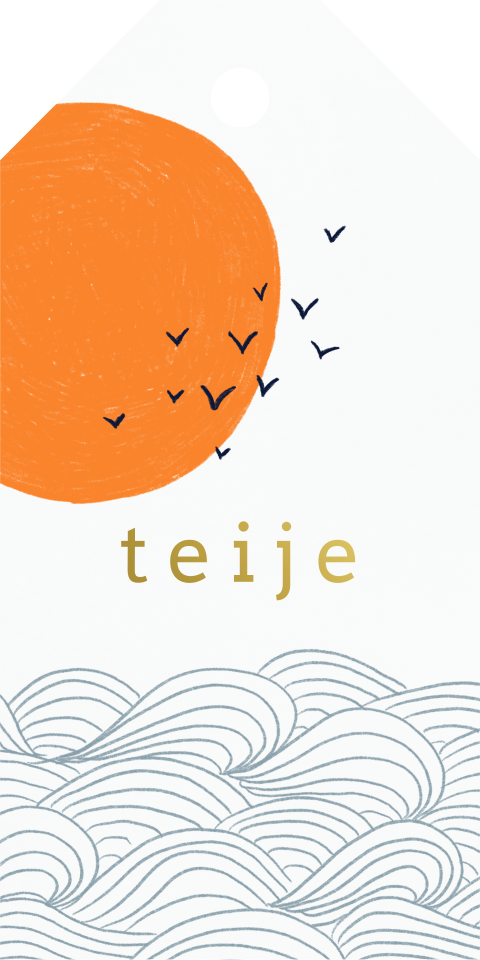 Doopsuiker label met golven, de zon en vogels