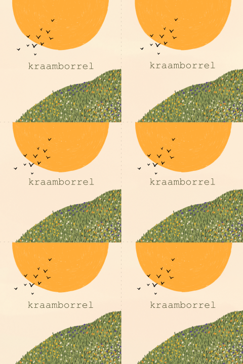Kraamborrelkaartjes met een zon en vliegende vogels en bloemenheuvel