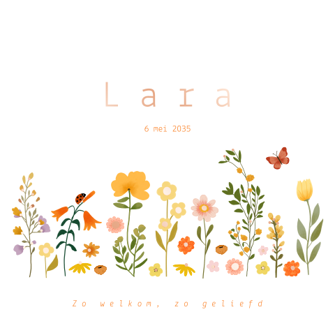 Geboortekaartje met bloemen, foliedruk en een vlindertje