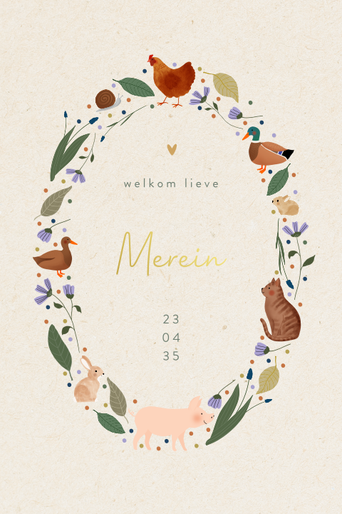 Foliekaartje met boerderij dieren en bloemen