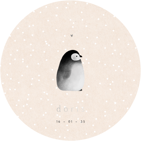 Rond winters geboortekaartje met een baby pinguïn en zilverfolie