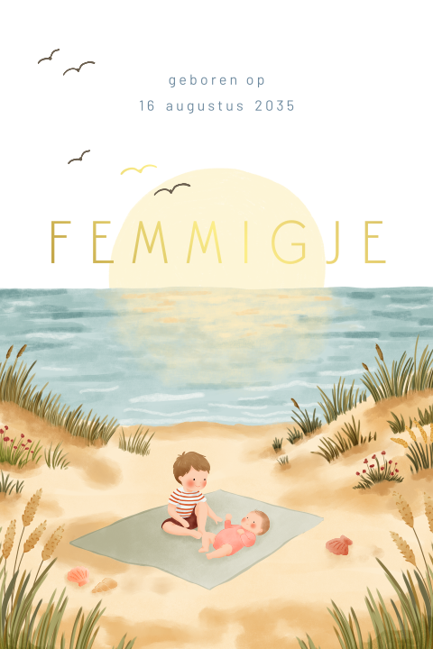 Strand geboortekaartje met een baby en haar grote broer