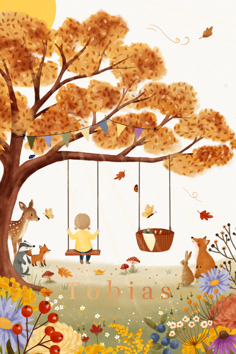 Herfst geboortekaartje met schommels en foliedruk